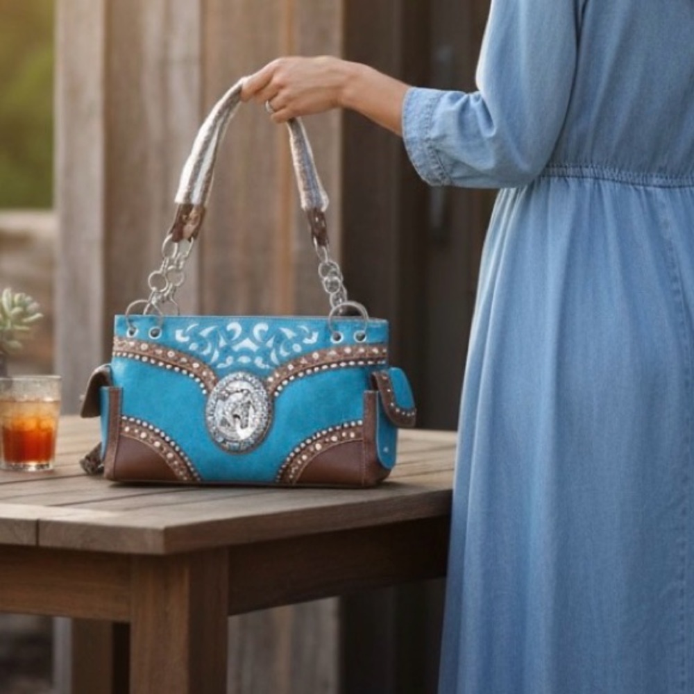 Native RARE Turquoise & Brown Carry Weapon Concealed Handbag NWT